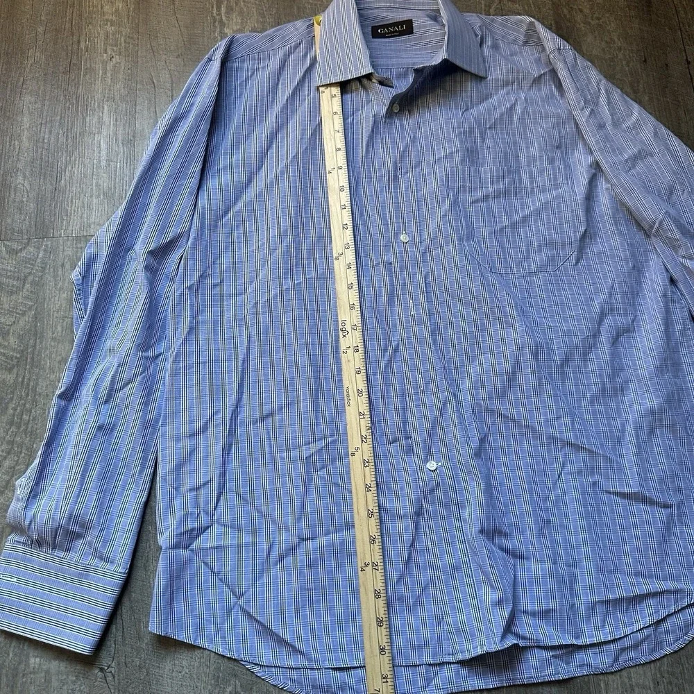 Canali Shirt Mens 43 17 Blue Plaid Dress Long Sleeve Button Front Italy‎ Cotton